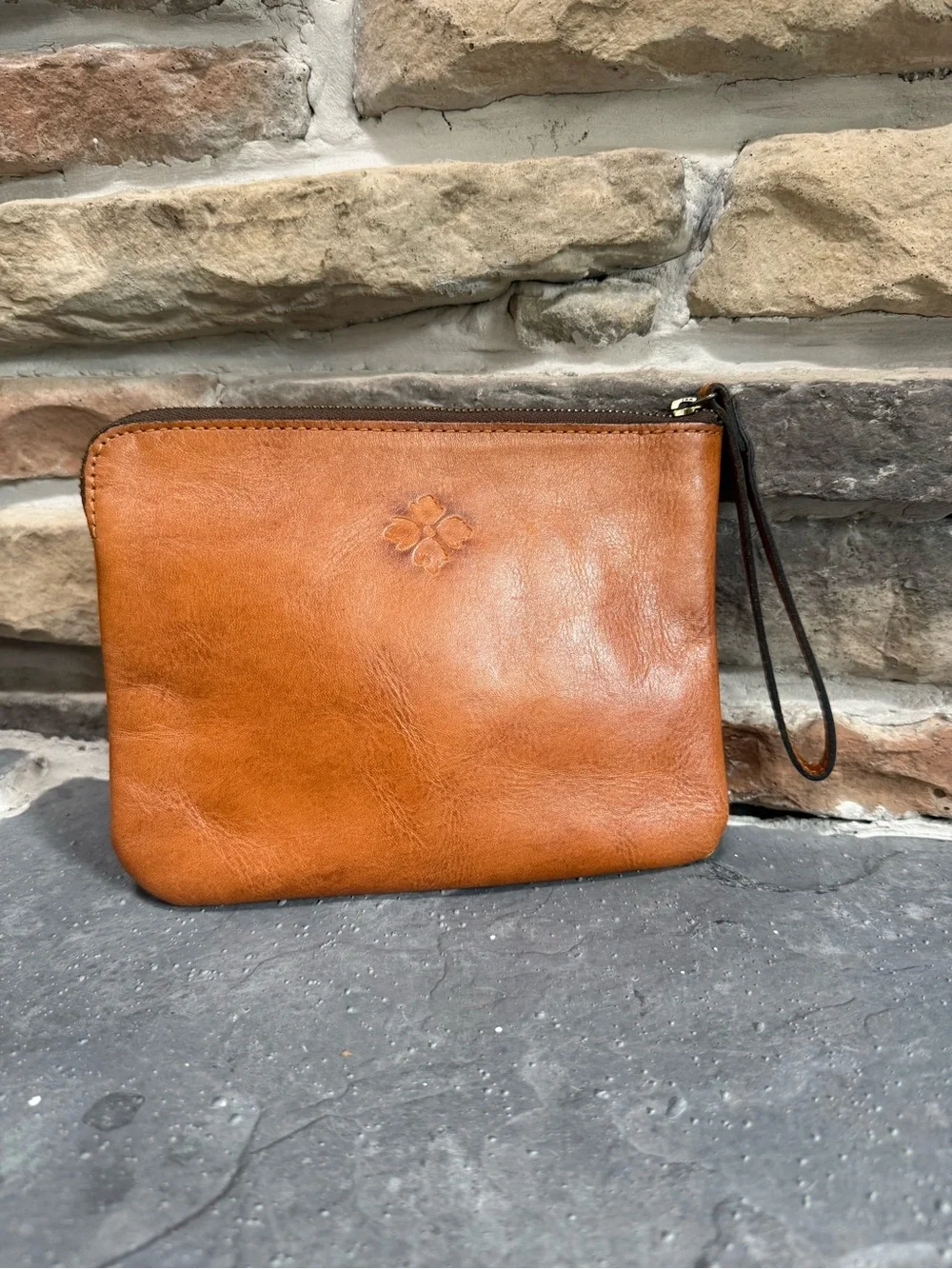 Patricia Nash Cassini Embossed Floral Leather Wristlet in Tan Brown clutch